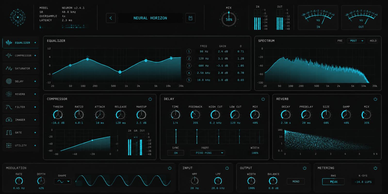 Neural rack interface with EQ curve, compressor, delay and reverb modules