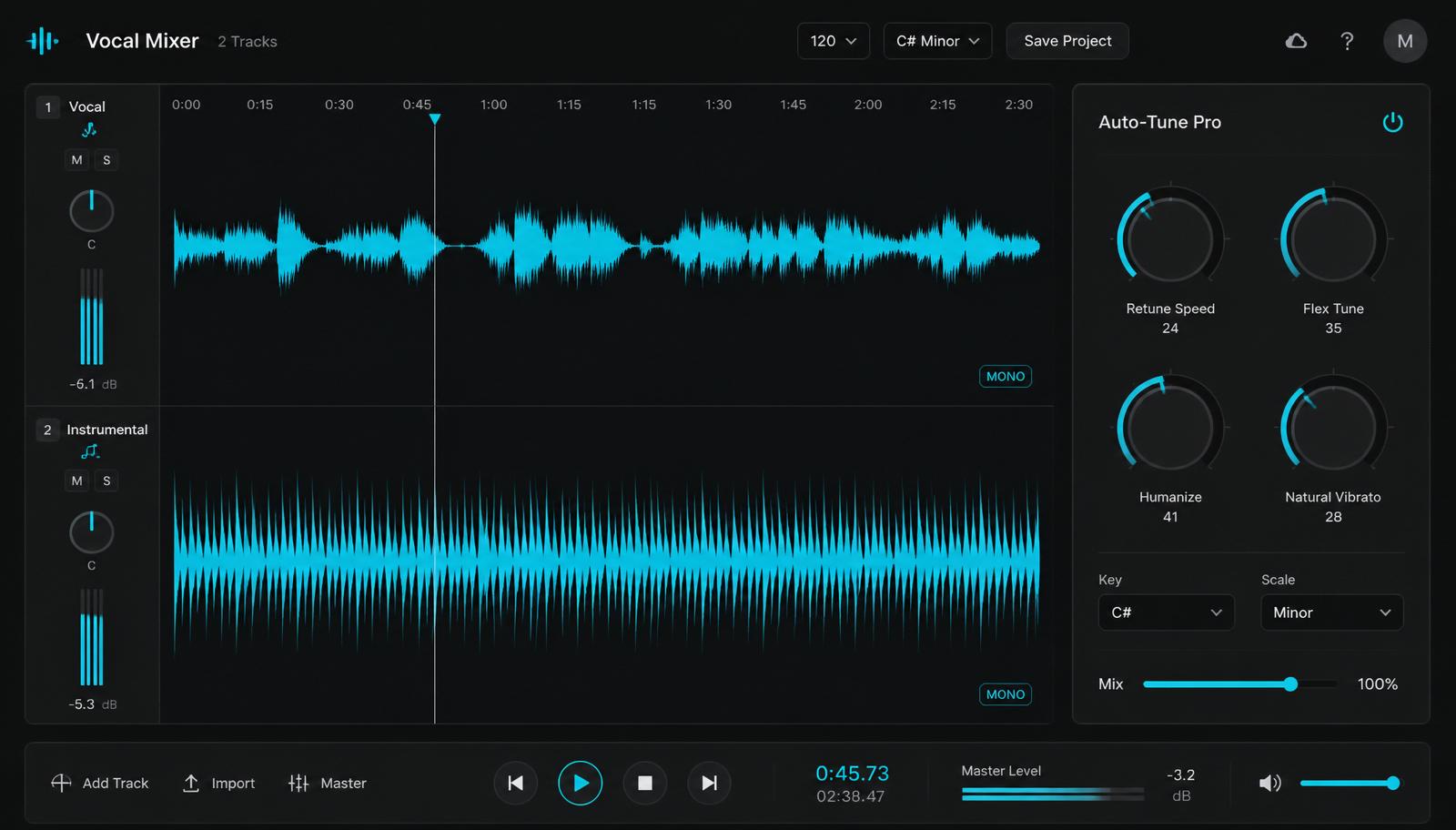 PLUTO · 2-track mixer + real-time auto-tune